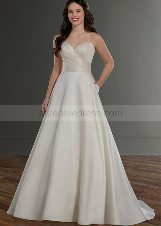 Strapless Sweetheart Neck Ivory Satin Buttons Back Wedding Dress